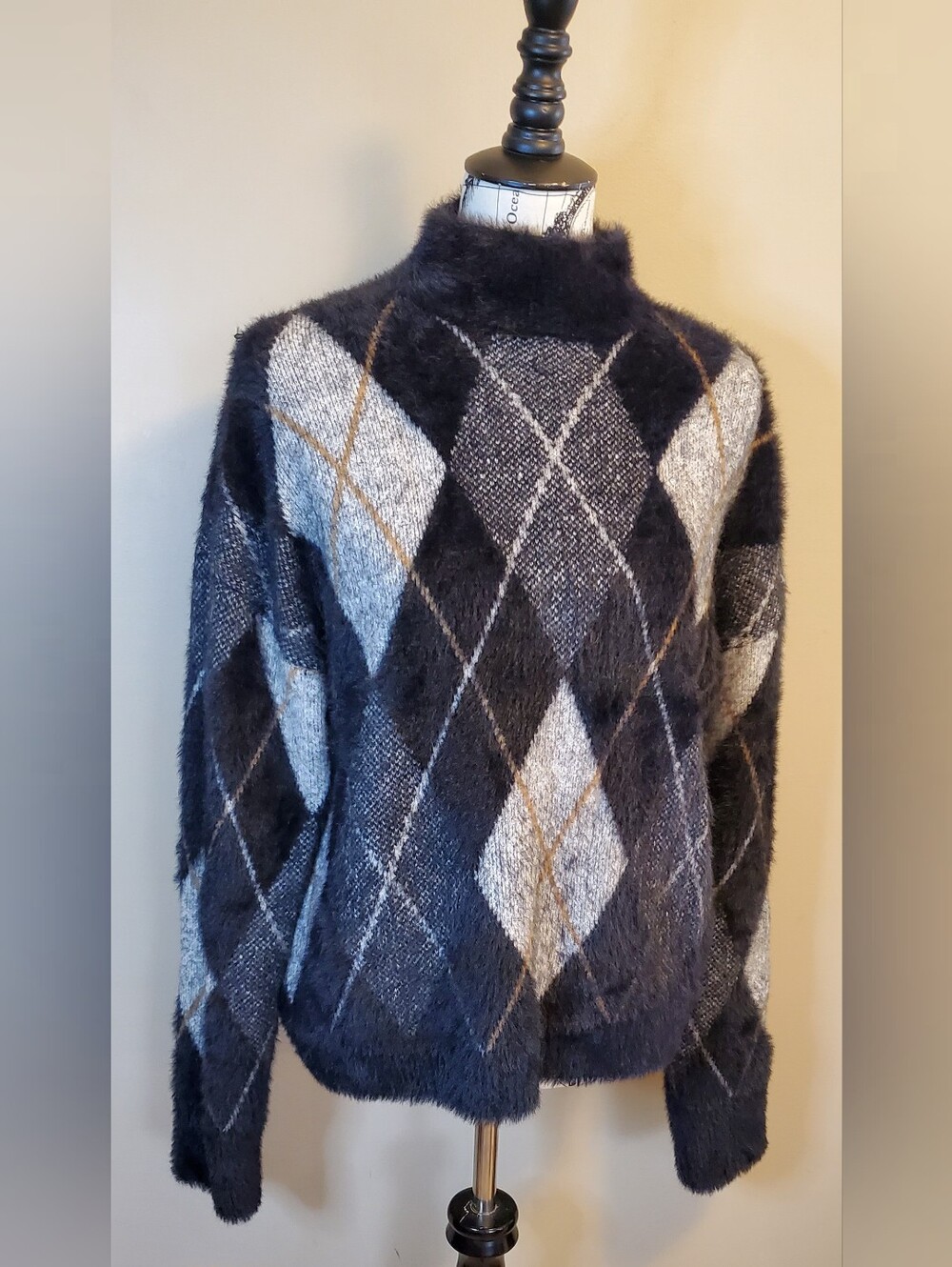 Marled Reunited Women L Fuzzy Argyle Turtleneck Sweater Black Gray Soft Knit
